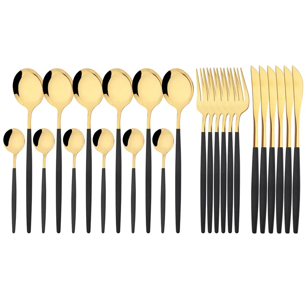 (negro Y Dorado, Juego De 24 Piezas) Cubiertos De Acero Inoxidable Pulidos A Espejo, Incluye Cuchillo, Tenedor Y Cuchara.