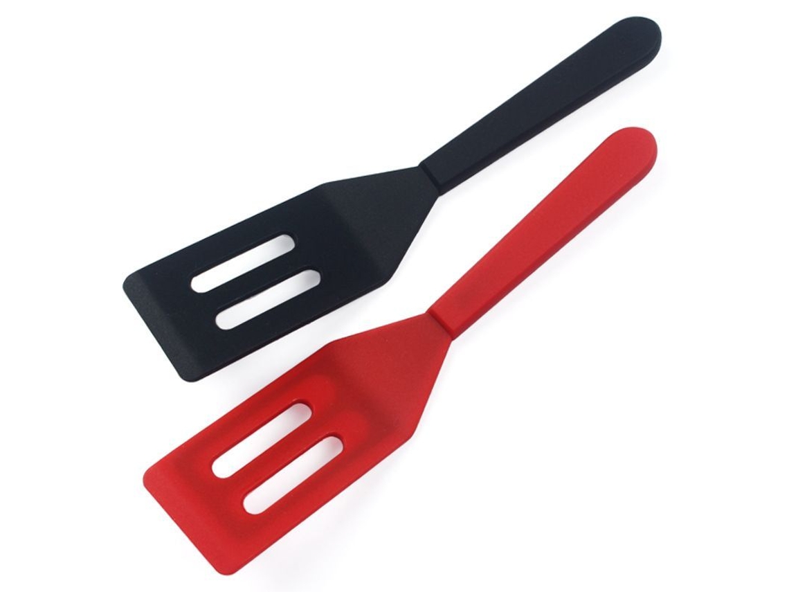 Espátula de silicona flexible y resistente al calor (sin agujeros) para sartenes pequeñas, 2 piezas, negro y rojo.