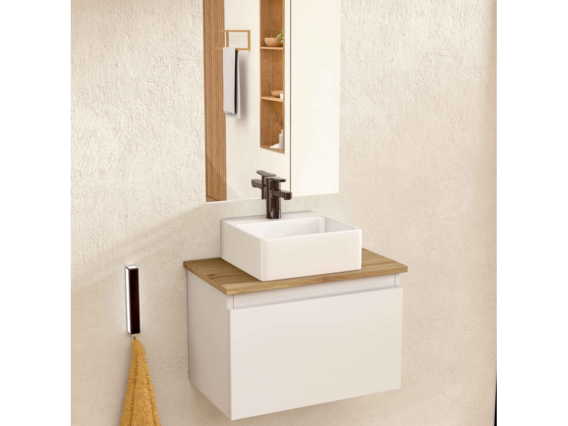 Mueble de baño suspendido con lavabo y espejo de cerámica, mueble con puerta abatible de 50 x 32 x 30 cm, mueble blanco y encimera de roble Bellobath.
