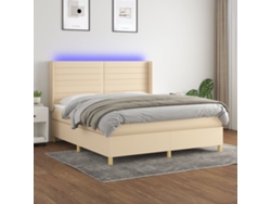 Cama Box Spring Colchón Y Luces Led Tela Crema 160x200 Cm