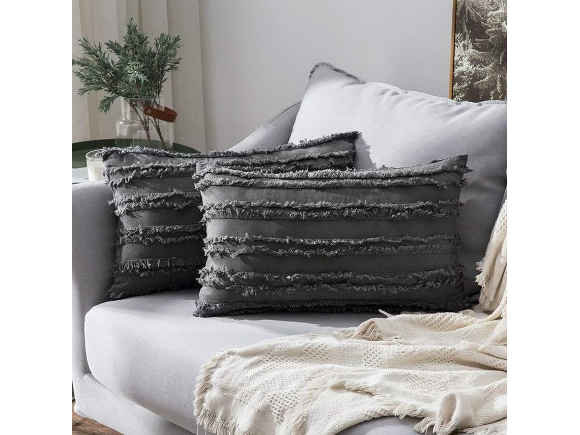 2026-funda De Almohada Decorativa Boho De Lino Rayado 2 Piezas 12x20 Pulgadas Gris Oscuro Para Sofá Sala Dormitorio