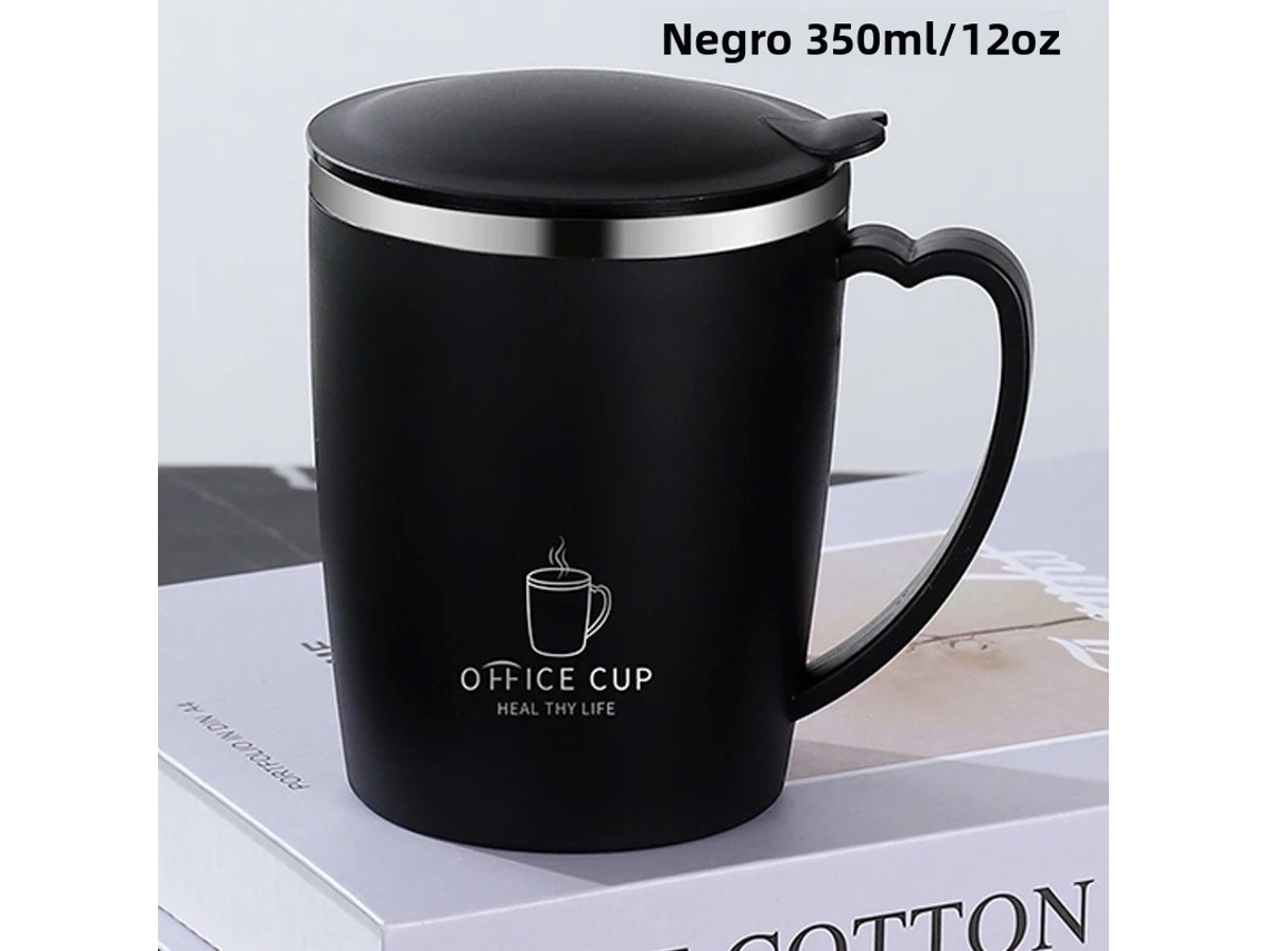 Taza térmica portátil de acero inoxidable de 350 ml con asa y tapa antigoteo. Mdug (negra)