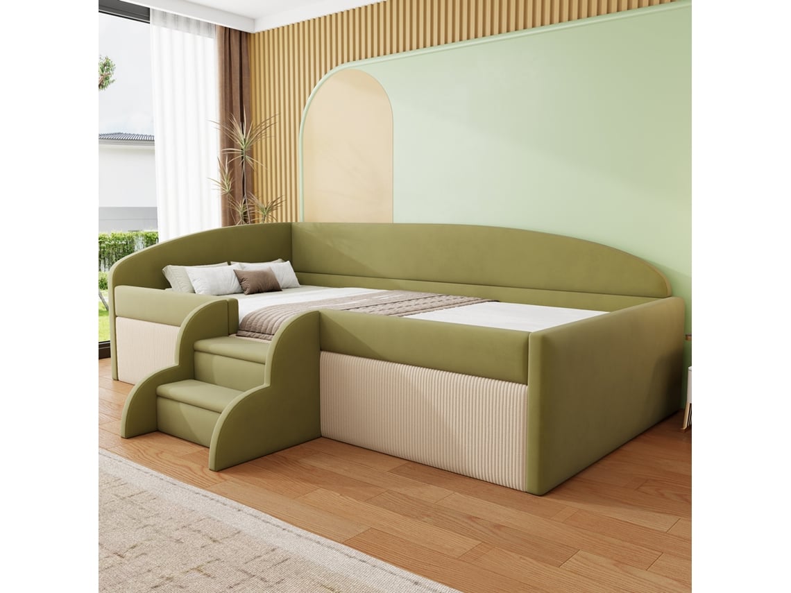 Sofá Cama Verde Oscuro De 90x190 Cm, Con Barandillas, Escalones Y Multifuncional.