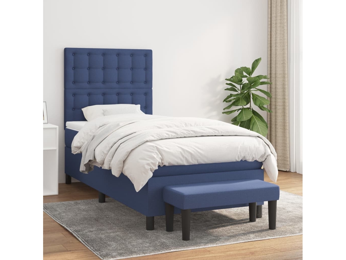 Cama Box Spring Con Colchón Tela Azul 80x200 Cm