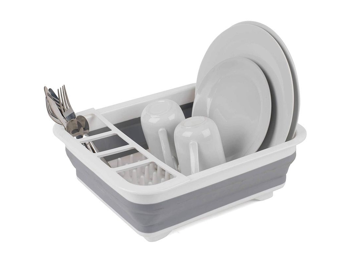 Estantería plegable de placas grises resistentes con separador cúbico, ahora espacio ideal para el hogar y el camping.
