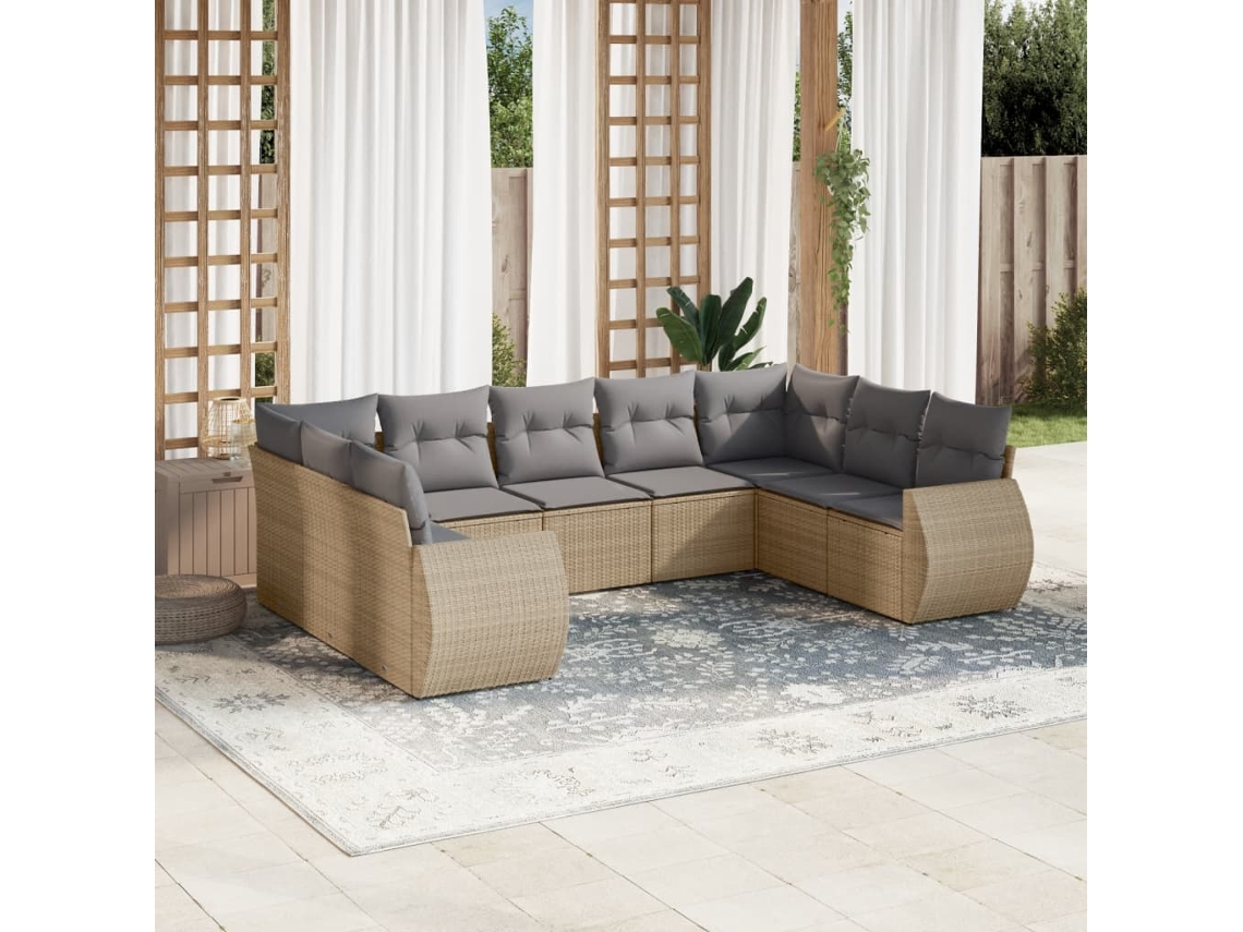 Conjunto de sofá de jardín de 9 piezas con cojines, mimbre sintético beige, Dkd Home Decor