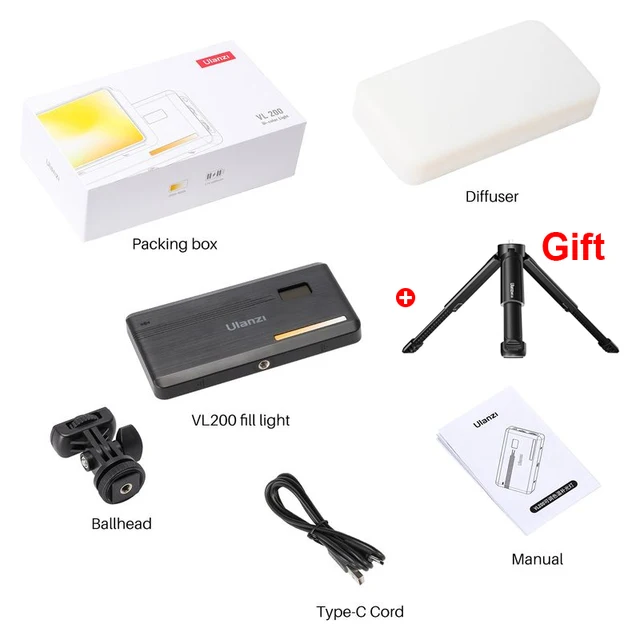 Kit de luz LED ajustable para cámara VL200 2500k-9000k con trípode, soporte para teléfono celular y difusor suave, kit de 2