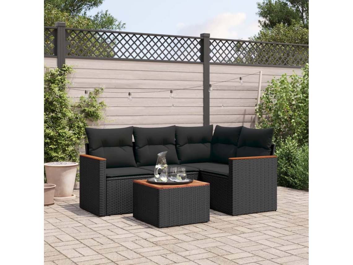 Conjunto de 5 sofás de jardín con cojines de mimbre sintético negro, Dkd Home Decor