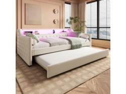 Sofá Cama Convertible De 90x200 Cm, Color Beige, Con Led Retráctil Y Puerto Usb.