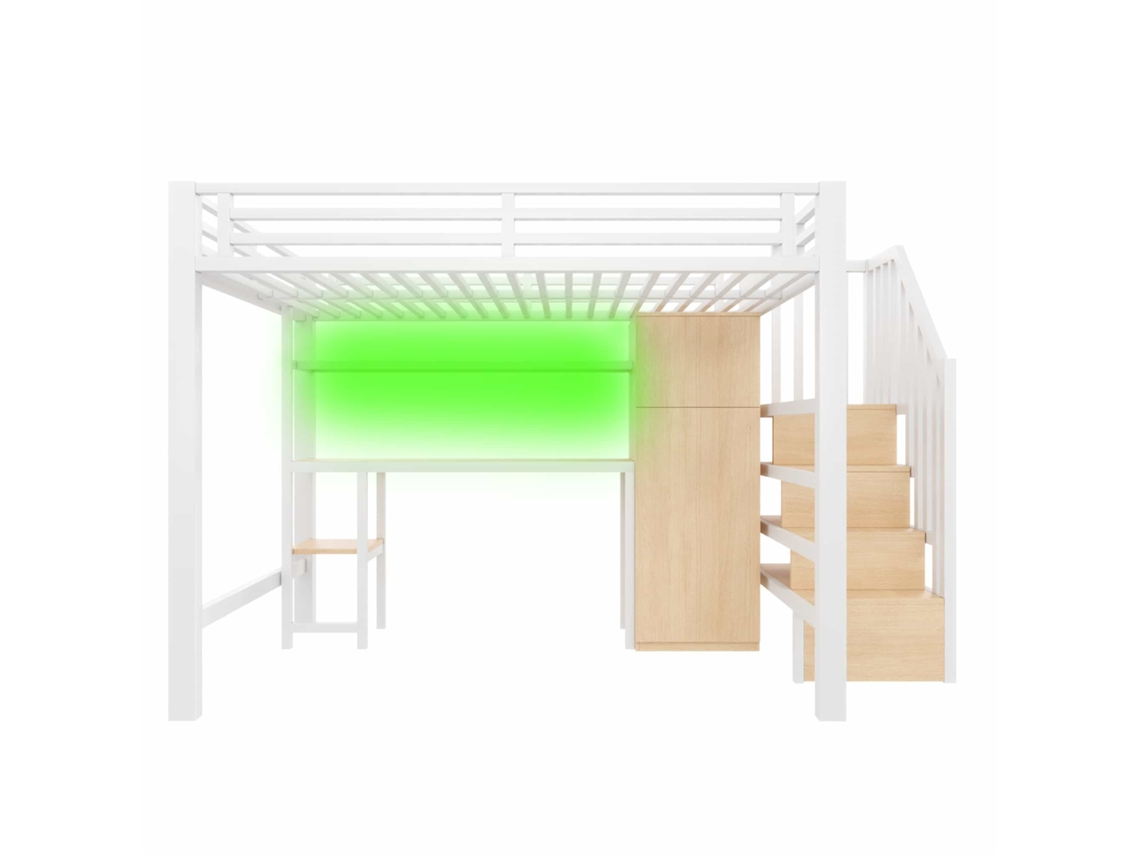 Litera metálica de 140x200 cm con escritorio, estantería, armario y escalera con espacio de almacenamiento - Blanca