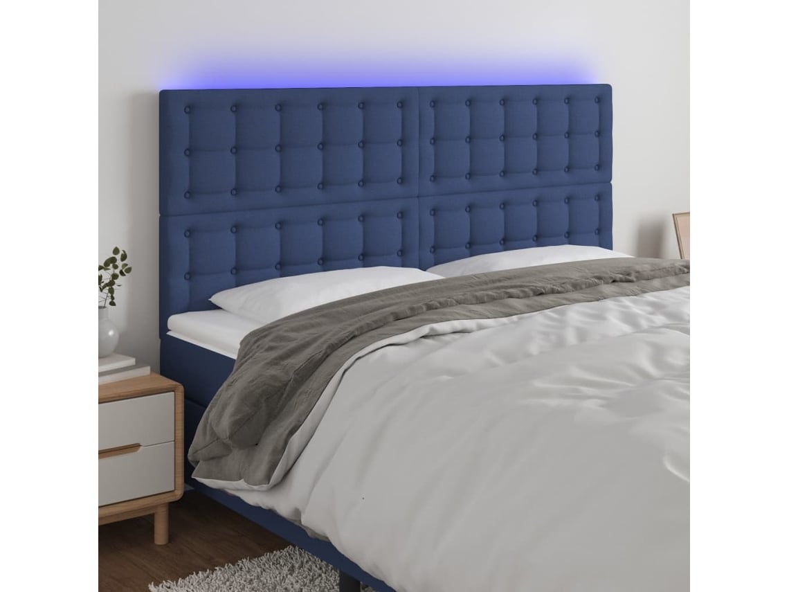 Cabecero Con Luces Led Tela Azul 200x5x118/128 Cm