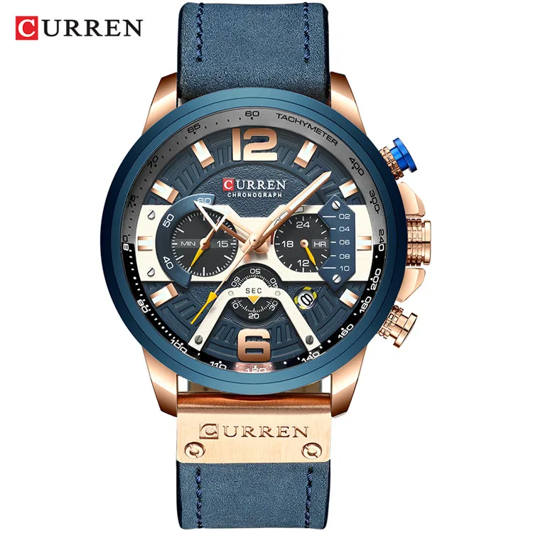 Reloj de hombre (rosa y azul) con elegante indicador de fecha y resistencia al agua.