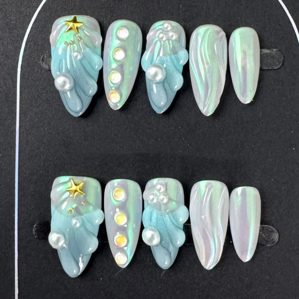 (g003-m) Juego De 10 Uñas Postizas Hechas A Mano Con Forma De Almendra Y Puntas De Uñas A Presión.