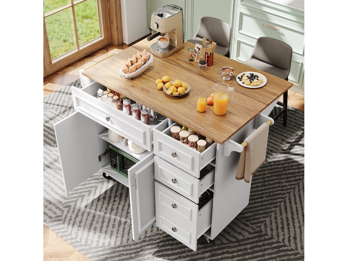 Isla De Cocina 110x45-75x92 Cm - Vintage, Carro Desmontable - Blanco