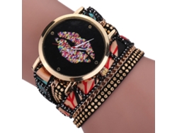 Reloj De Pulsera Multicapa De Estilo Étnico Para Mujer Con Correa De Cuarzo Negra.