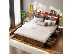 Cama Doble De 160x200 Cm Con Estructura Metálica, Cabecero De Poliuretano Negro Mate Con Estampado De Tigre E Iluminación Led Integrada.