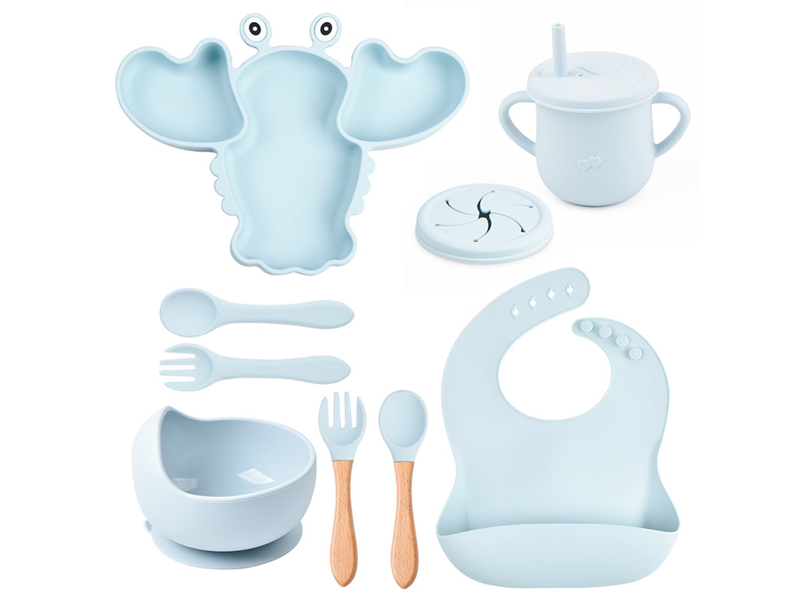 Kit de alimentación para bebés PANOONA con forma de langosta, de silicona, 8 piezas con ventosas, sin BPA, azul.