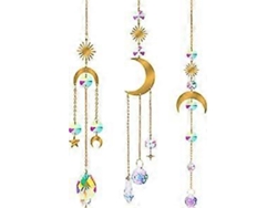 Conjunto de 4 bolas de cristal prismático con colgante de sol, luna y estrella arcoíris para decoración de ventanas. Colgante de cristal brillante.