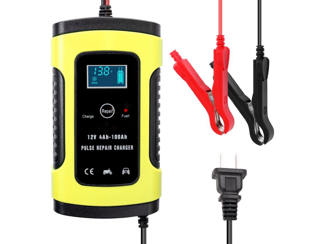 Cargador de batería automático inteligente para coche de 12 V y 6 A con función de reparación por pulsos y pantalla LCD digital.