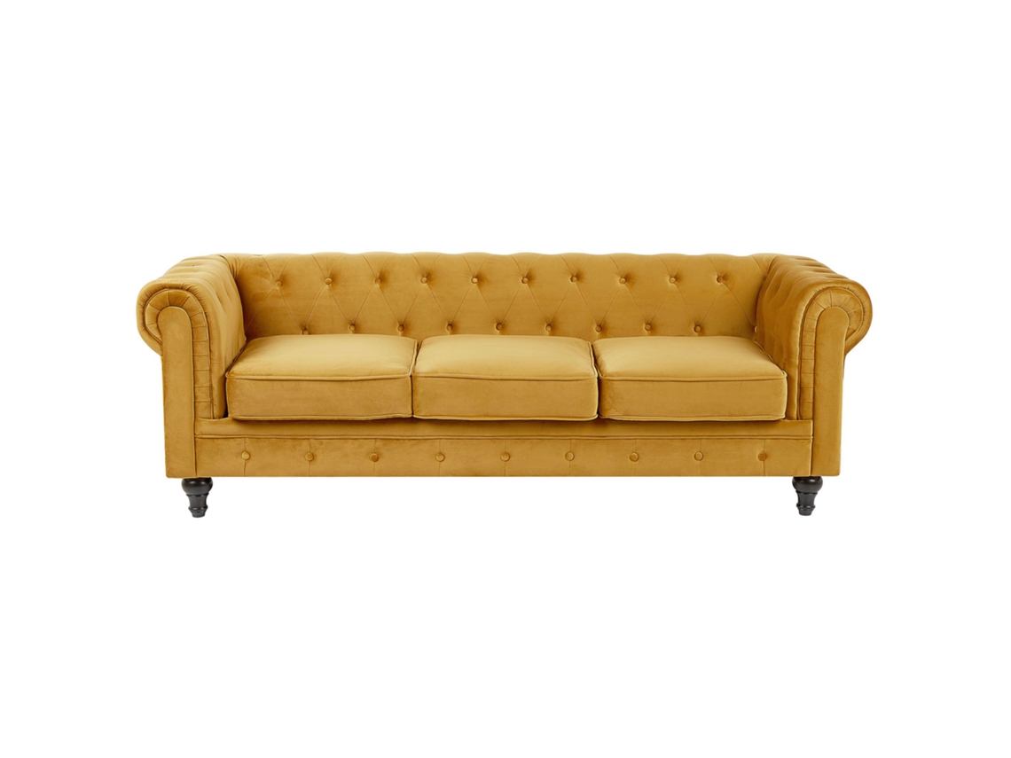 Sofá de 3 plazas BELIANI Chesterfield de Terciopelo Amarillo 201x75x70