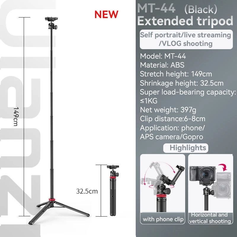 Trípode extensible para selfies de 1,46 m, negro, nueva versión