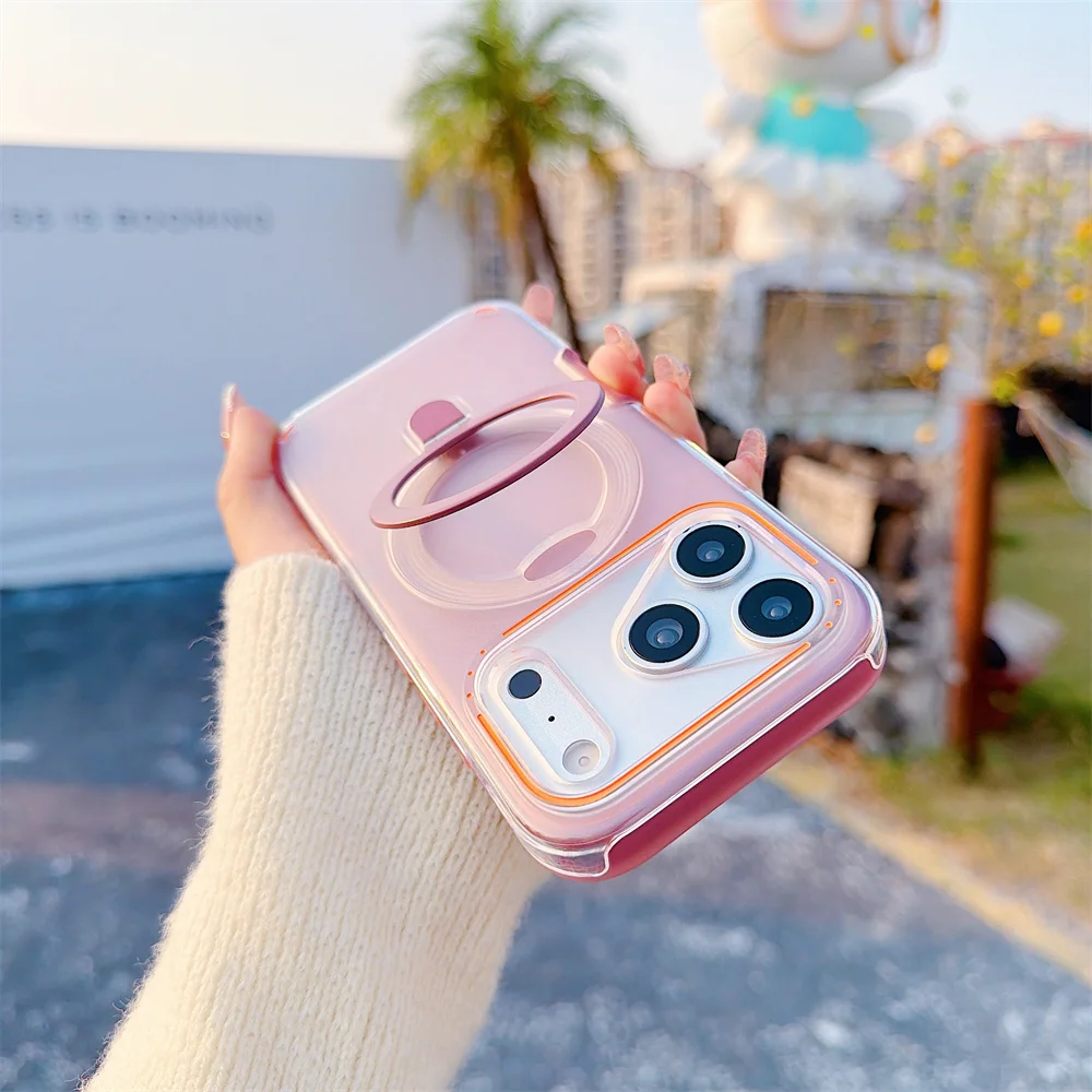 (iphone 14, Rosa) Funda Magnética Transparente Mate Para Iphone Con Soporte De Anillo Metálico Magsafe