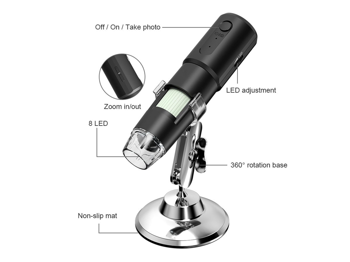 Microscopio digital inalámbrico profesional HD 8 LED 1000x para Android, iOS y PC Luz dorada