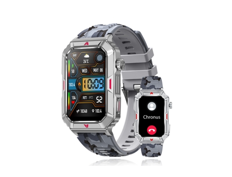 Smartwatch BISBISOUS CF26 de 1,57 pulgadas con pantalla cuadrada, rastreador de fitness masculino para Android iOS en camuflaje gris.