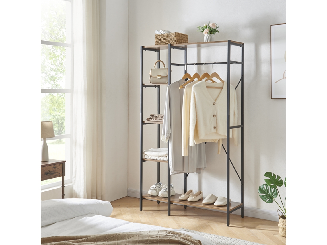 Perchero burro Hvidovre metal/aglomerado con 5 estantes 170 x 100 x 35 cm Negro e Efecto madera [EN.CASA]