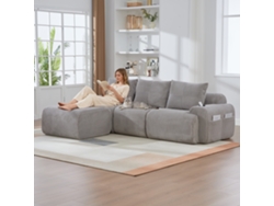 Sofá modular de 3 plazas en terciopelo de pana con otomanas gris claro.