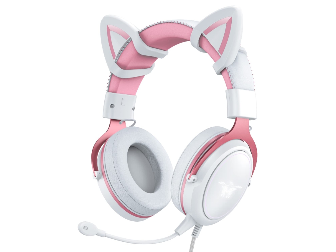 Auriculares para juegos con cable y orejas de gato, micrófono, cancelación de ruido, sonido envolvente y luz LED.