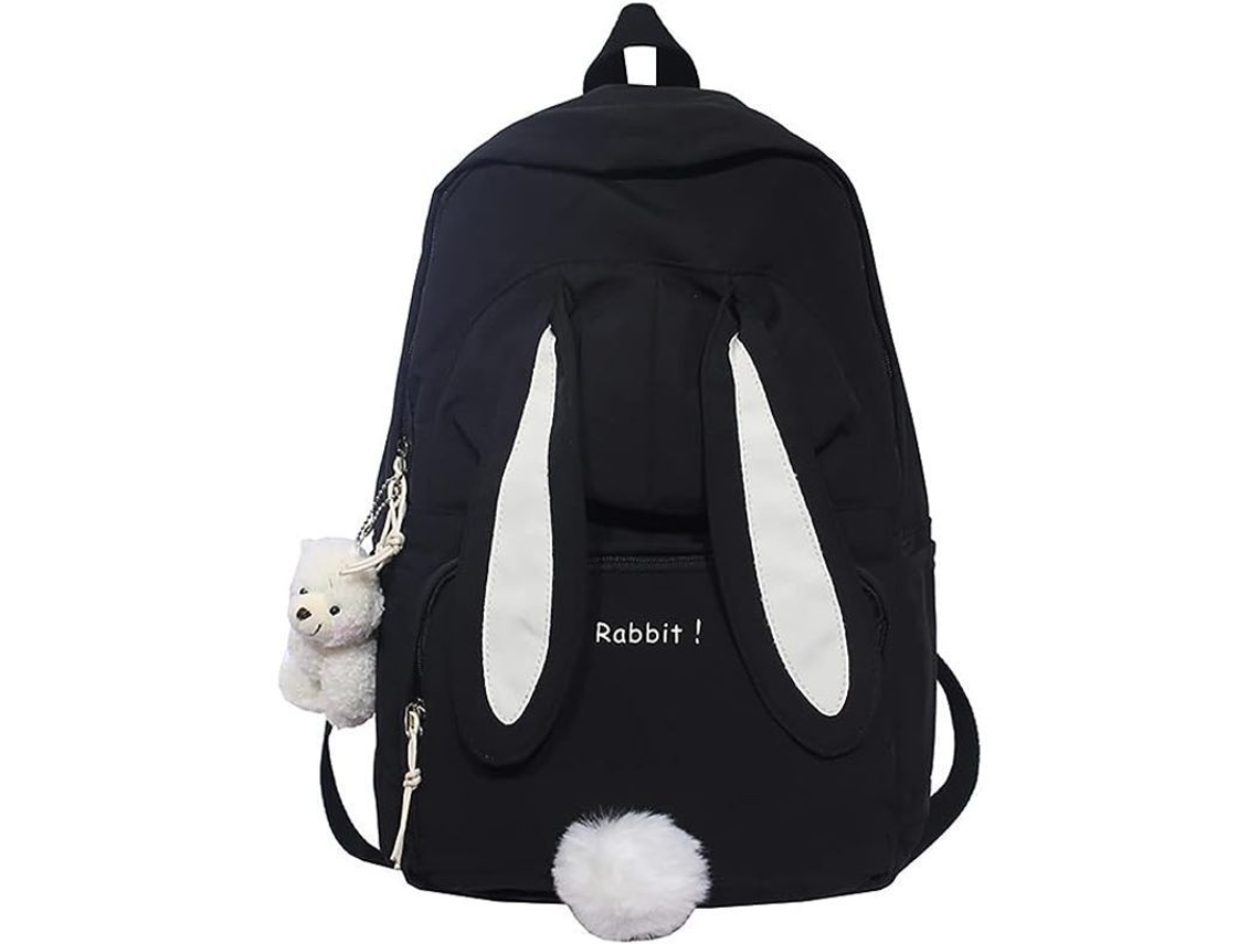 2026-mochila Escolar Kawaii Conejo Con Colgante De Oso Para Estudiantes De Secundaria Negro