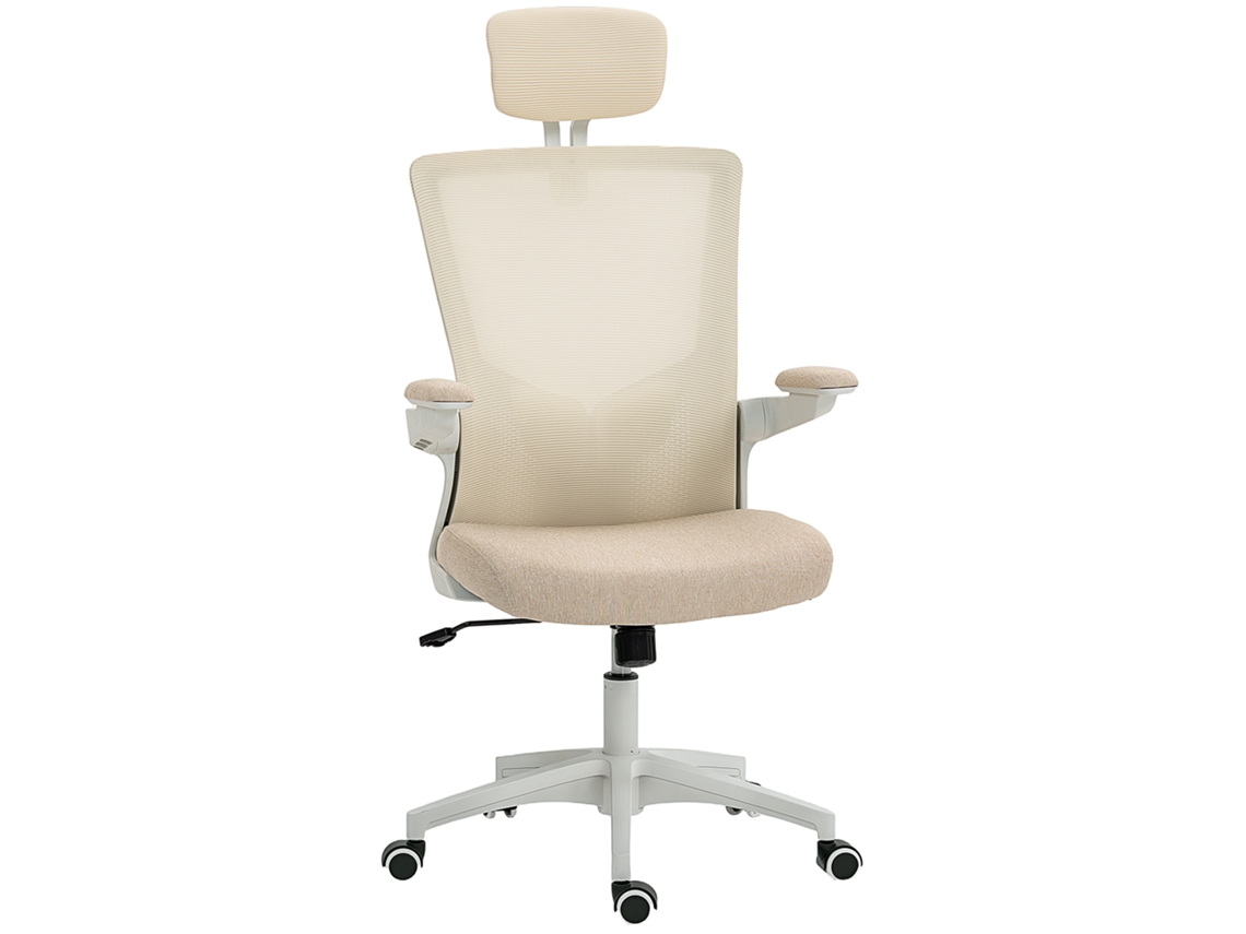 Silla de oficina ergonómica, reposabrazos ajustables, soporte lumbar, reposacabezas, 60x63x120cm, beige.