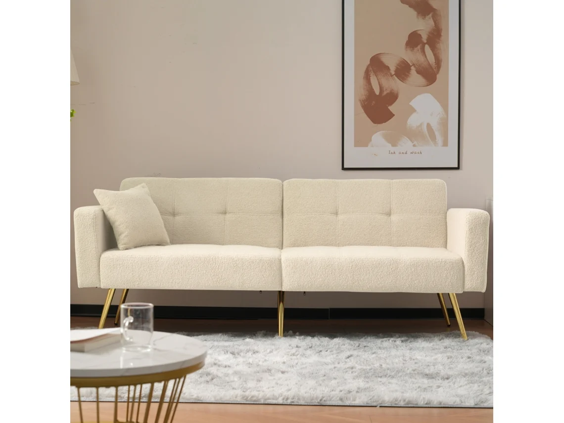 Sofá Cama Convertible En Tela Sherpa, Respaldo Ajustable, Bolsillos Laterales, Patas Doradas, 175 X 64 X 72 Cm, Color Beige