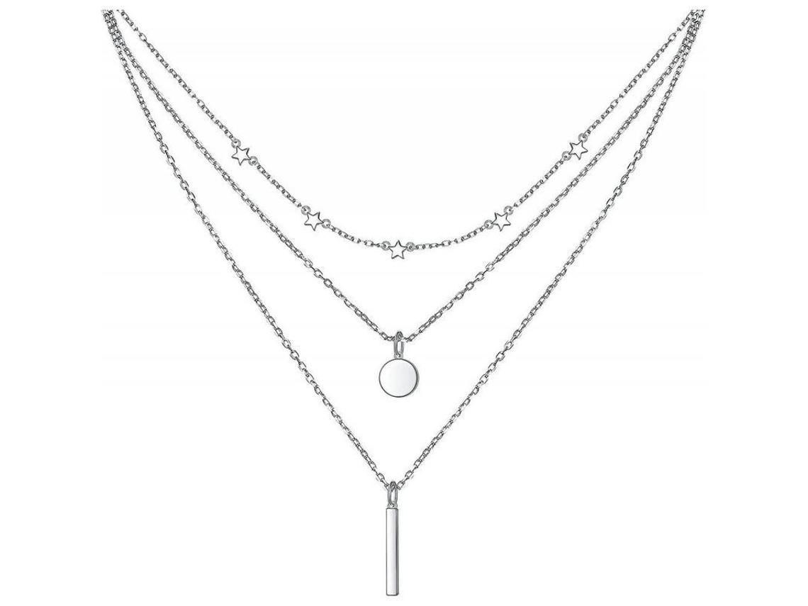 Cadena De Collar De Plata Esterlina S925 De Tres Capas Con Extensor Para Mujer Estilo Geométrico Multicapa Capa