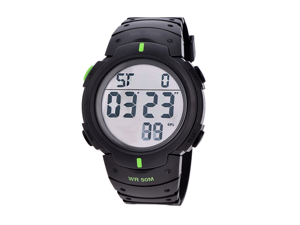 Reloj Digital Deportivo Led Con Luz De Fondo, Caja Negra Verde, Pulsera Redonda