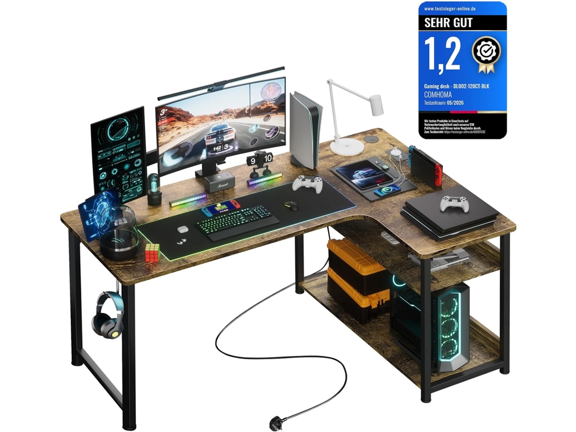 Comhoma Mesa Gaming Con Enchufe, 130x80 Cm, Mesa De Esquina En L Con Usb Y Estante, Ordenador Para Oficina Y Home Office, Marrón