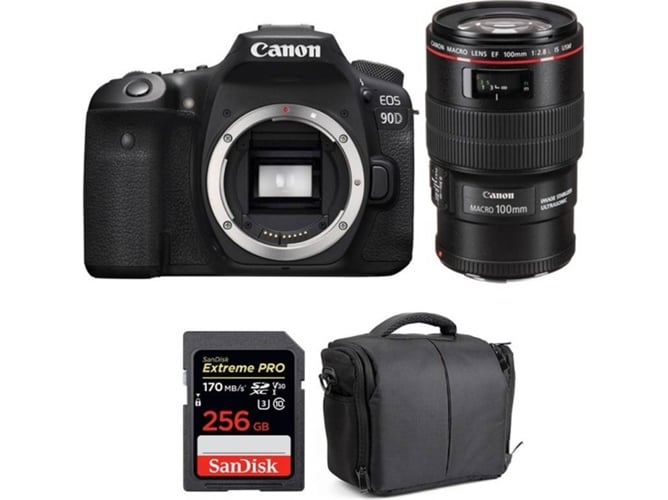 Kit Cámara CANON EOS 90D + EF 100mm f/2.8L Macro IS USM + SanDisk 256 GB + Bolsa (APS-C)