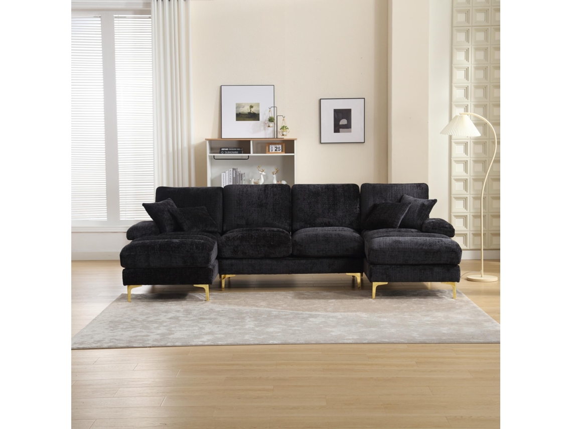 Sección U En Felpa, Doble Chaise Longue, 4 Cojines, Patas Altas Doradas, Para Salón Grande, Ideal Familia, Negro