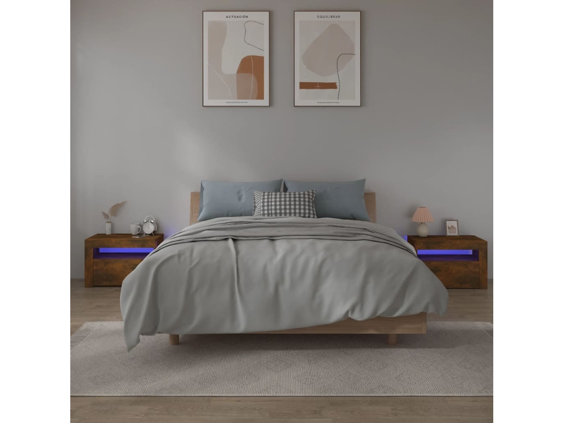Mesas Cabeceira LOVELY HOME Mesinha com Leds 2 Pcs 60X35X40 Cm Carvalho Fumado