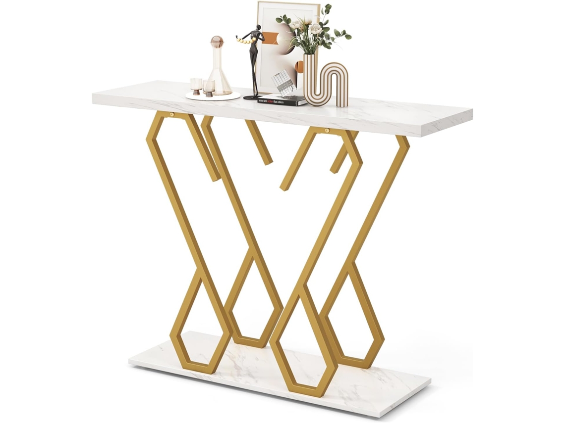 Mesa de Entrada de Mármol Artifical, Mesa Consola Moderna Blanca con Tablero de Mármol Artificial y Marco de Metal COSTWAY