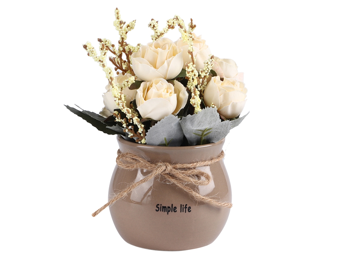 Jarra De Cerámica Con Rosa De Seda Artificial Maceta Decoración De Mesa Hogar Blanco