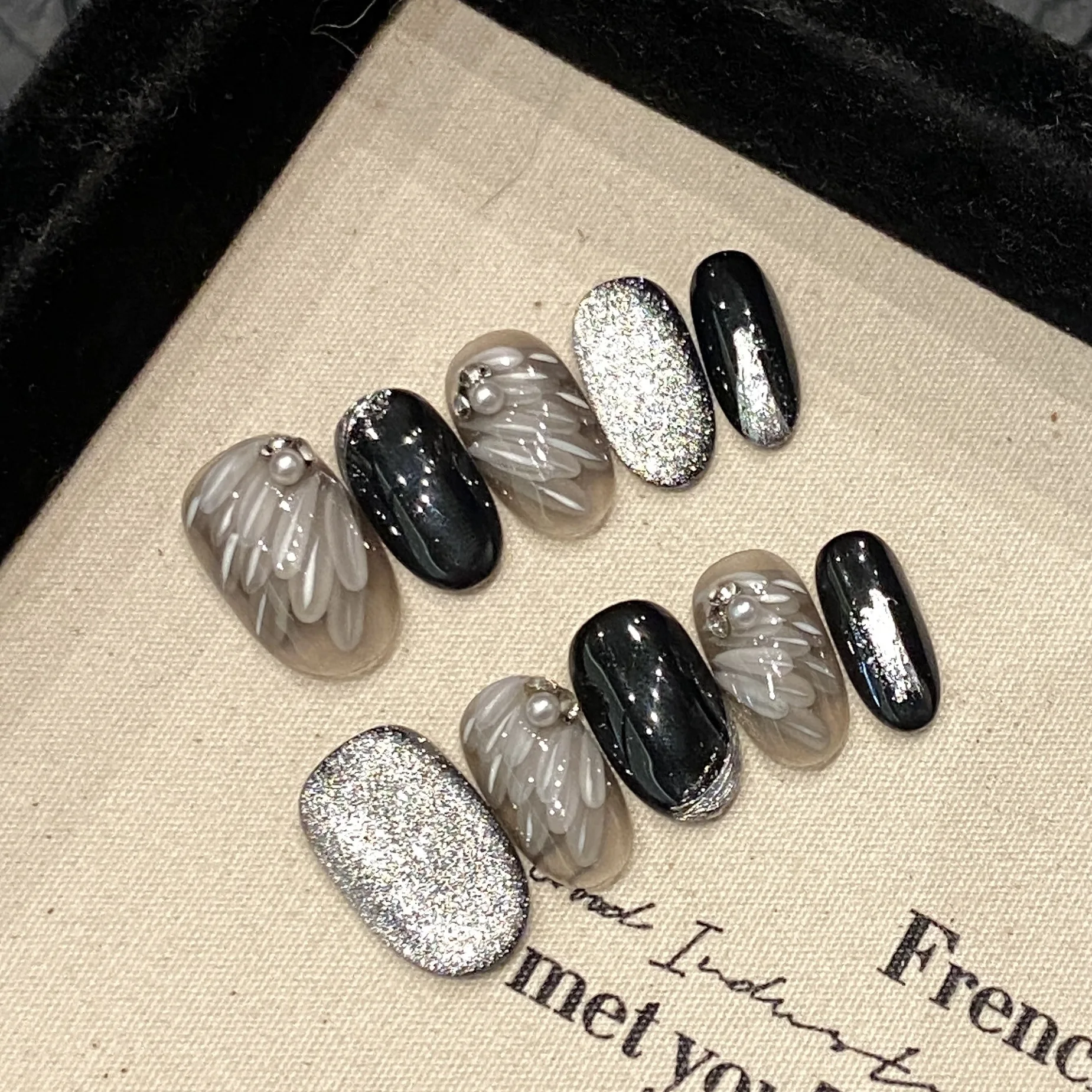 (2686 -l) Set De 10 Uñas Postizas Hechas A Mano, Puntas De Uñas Negras Estilo Ojo De Gato De Cobertura Total