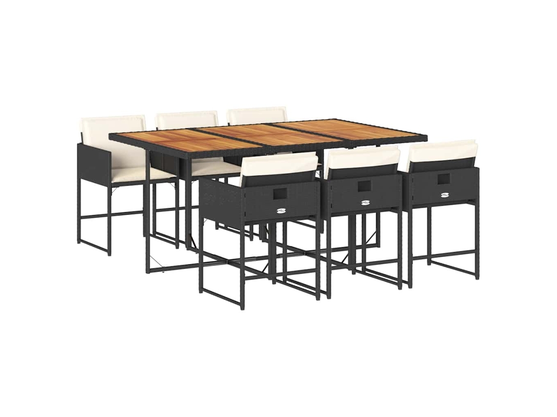Juego de 7 piezas de comedor de jardín con cojines de mimbre, color negro, EXCLUSIVA DE LA CASA