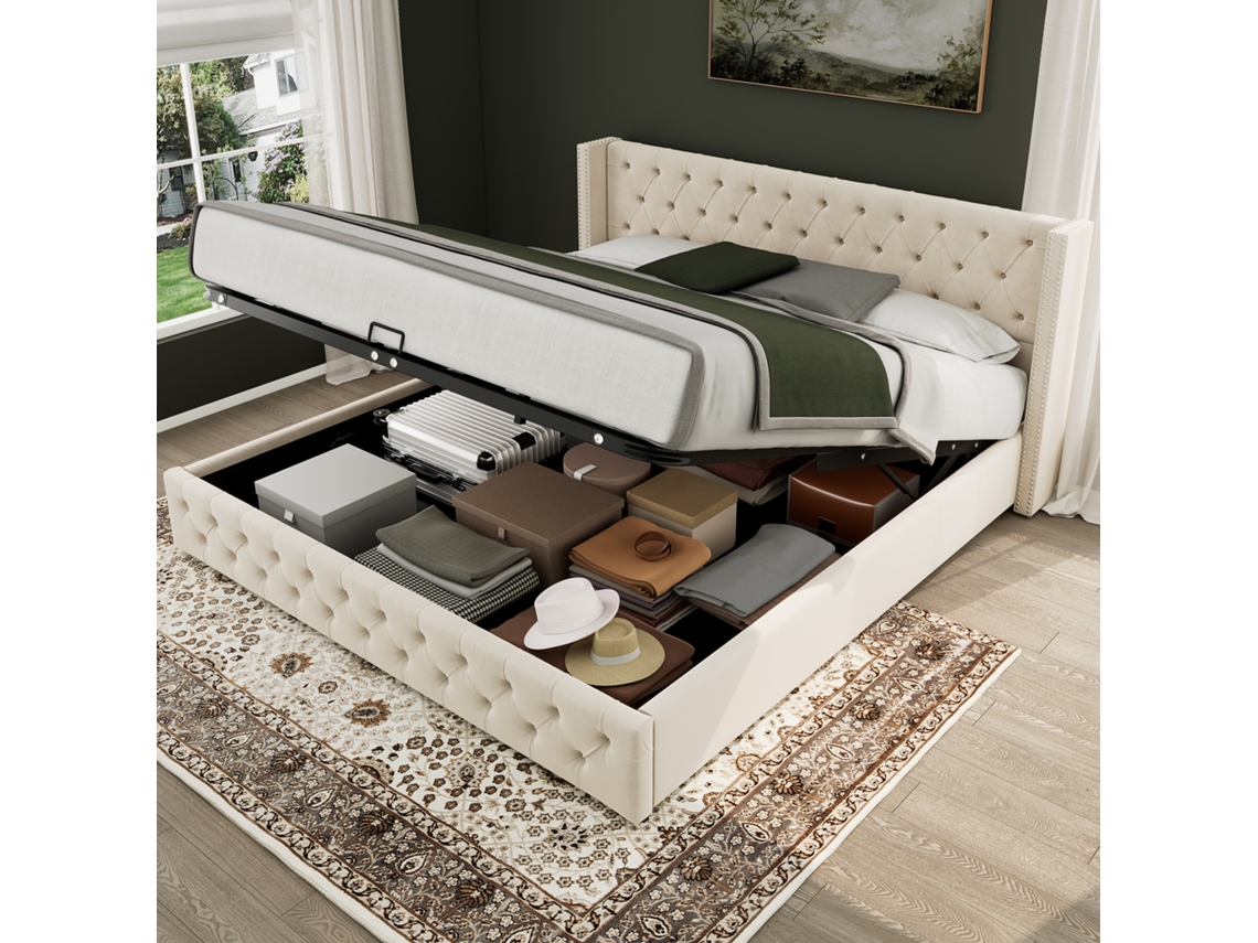 Cama Doble De 140x200 Cm, Tapizada Con Solapas Laterales, Doble Capa De Tachuelas, Compartimento De Almacenamiento Hidráulico, Terciopelo Beige.