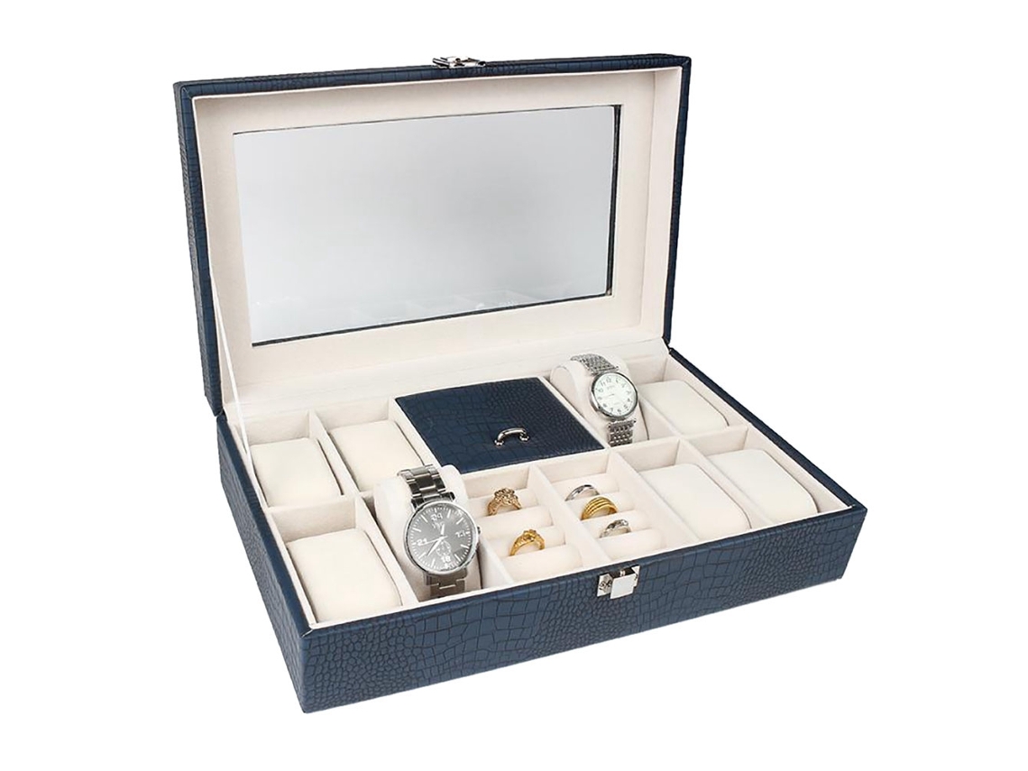 Caja De Joyería Con Cristal Acrílico Para Relojes Pendientes Anillos Collares Azul