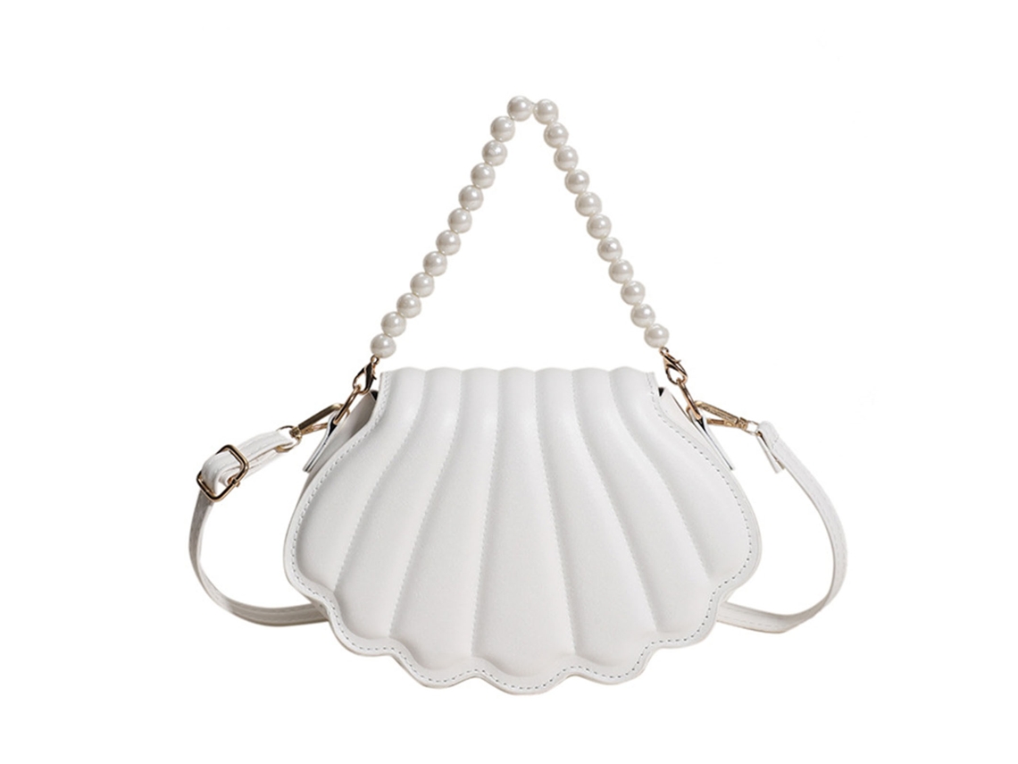 Bolso Bandolera Shell Con Cadena De Perlas Sintéticas, Piel Sintética, Para Mujer, Blanco