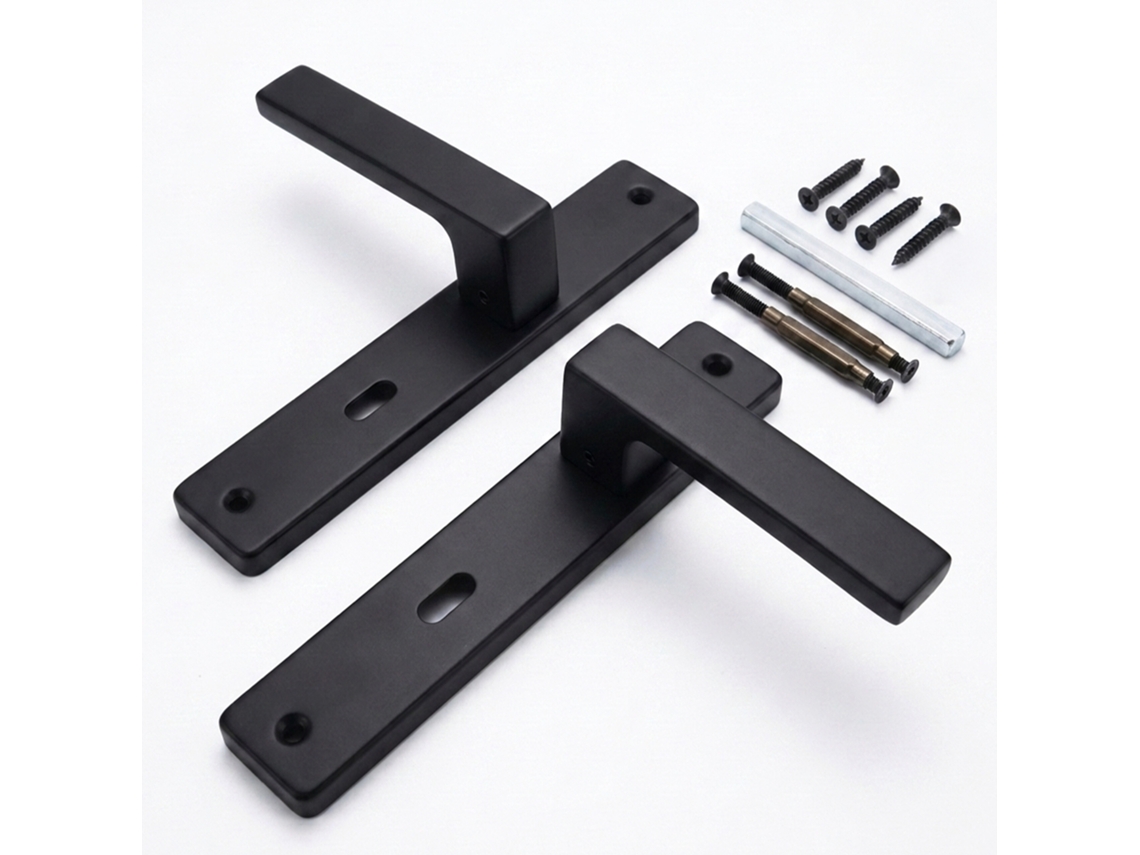 Relaxdays Juego De Manillas Para Puerta, Herrajes Buntbart, Con Muelle, 23,5×13,5 Cm, Placa Larga, Metal, Negro Mate