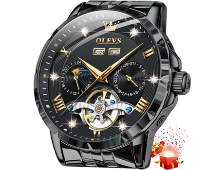 VEANXIN Reloj automático de fase lunar de acero inoxidable Tourbillon hueco con diamantes para hombre(negro)