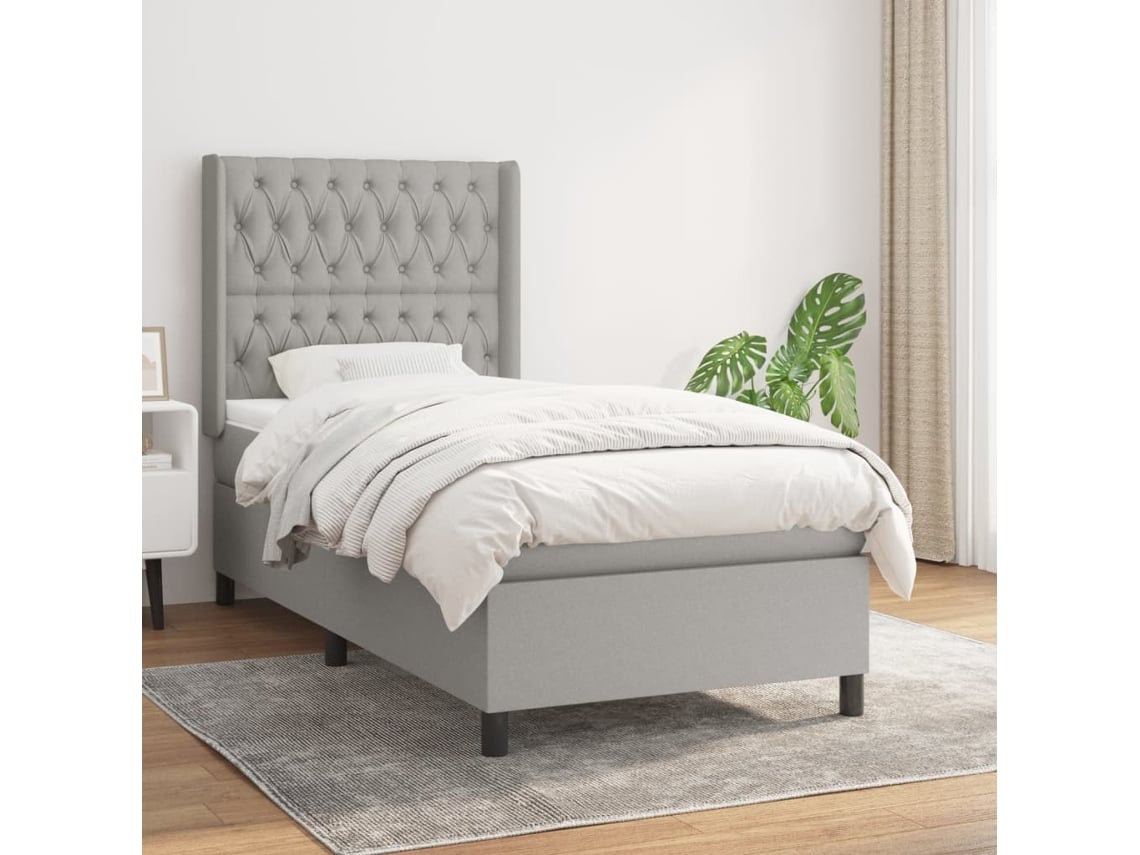 Cama Box Spring Con Colchón Tela Gris Claro 100x200 Cm